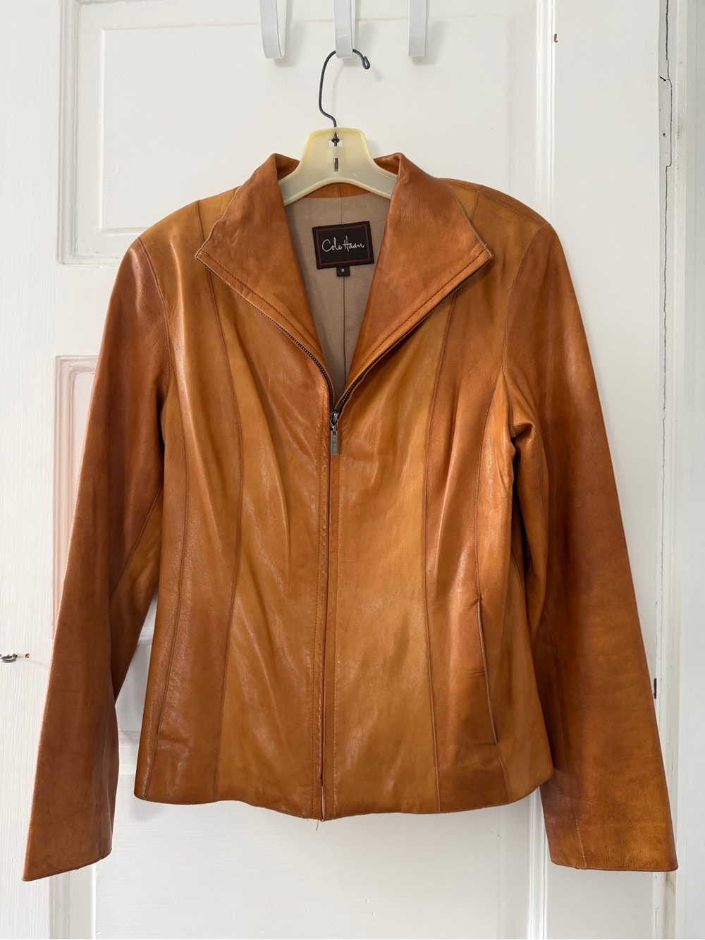 Cole Haan Tan-Brown Lambskin leather Zip Front Jacket